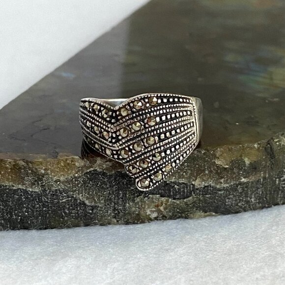 Sterling Silver 925 Art Deco Style Marcasite Asymmetric Wide Band Ring Sz 6.5 - Picture 2 of 16